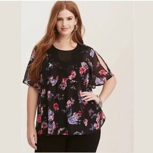 Torrid Black Floral Butterfly Lace Trim Cold Shoulder Flutter Sleeve Top Plus 12